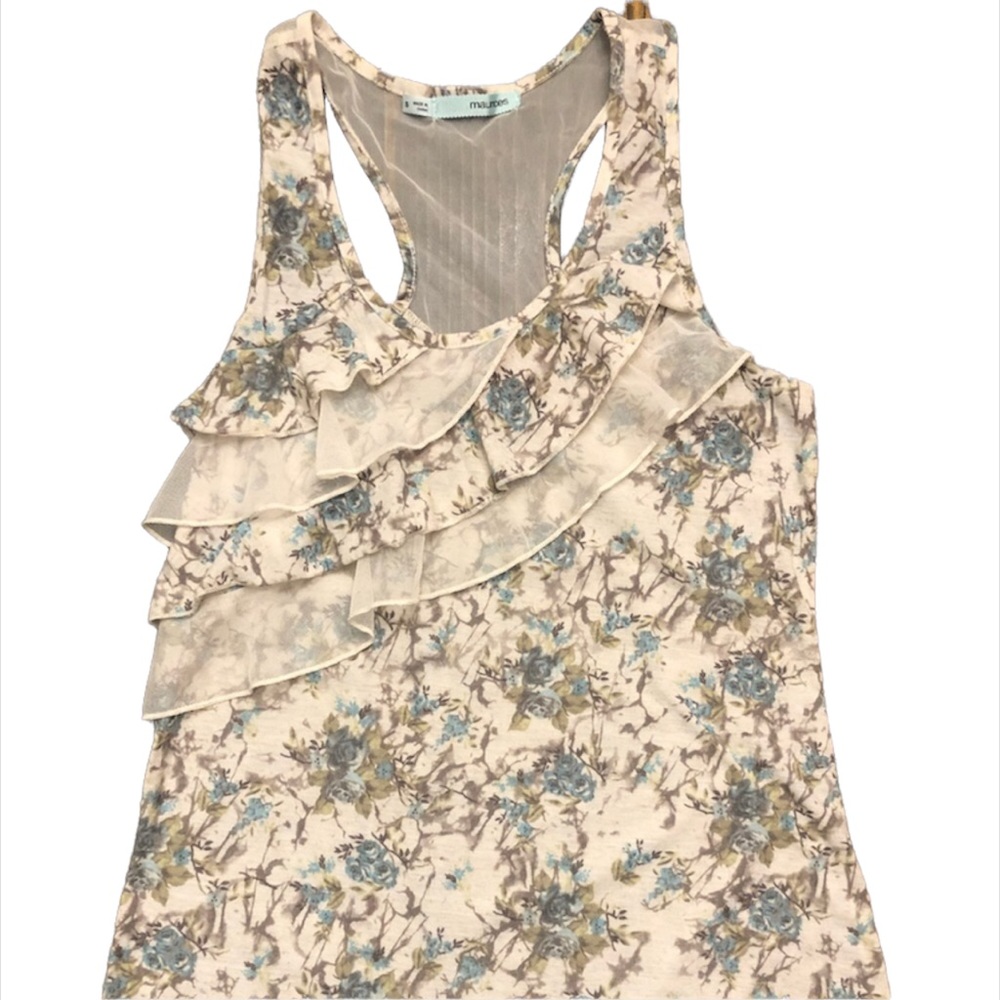 Maurice's SZ S Pretty Blue Floral Racerback Top-small area w/mesh insert on back